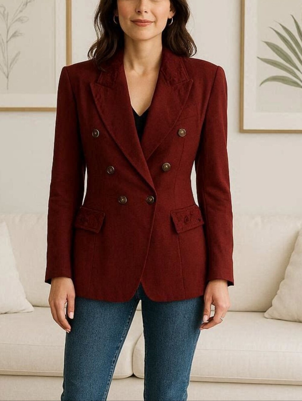 Vintage Double-Breasted Burgundy Blazer Jacket w/Brocade & Lace Accents S